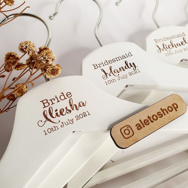 Wedding Coat Hangers | Personalised hangers |  Laser Engraved White Wooden Coat Hangers Bride Bridesmaid Wedding Gift