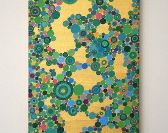 Maasai Gold: Original abstract painting, modern acrylic painting, wall art, inspired by Maasai beads, gold, green, multicoloured, circles