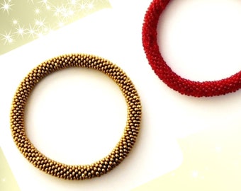 Bead Crochet Bracelet - Antique Gold, Silver Lined Red Beaded Bracelet - Color of Love Bangle - Beaded Bracelet - Crochet Rope Bead Bangle