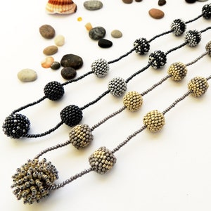 Black Hematite Silver Ball Necklace Seed Bead Peyote Stitch Pom Pom Necklace Beige Steel Color Seed Beaded Necklace Gift Idea image 2