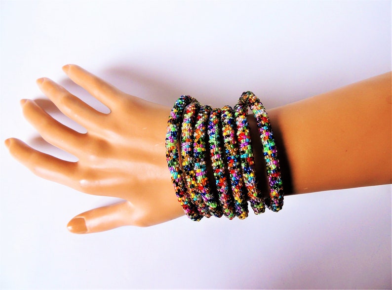 Long Bead Crochet Rope Necklace or Wrap Bracelet Colorful Multicolored Metallic Beaded Woman Jewelry Mothers Day Glass Glow Crystal