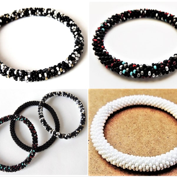 Nepal Style Beads Crochet Rope Bracelet - Black Mix Beaded Bracelet - White Steel Silver Turquoise Bangle - Beading Bangle - Gift for Boys