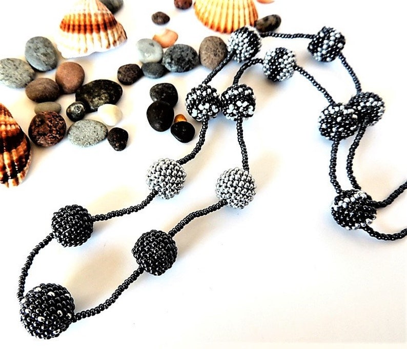 Black Hematite Silver Ball Necklace Seed Bead Peyote Stitch Pom Pom Necklace Beige Steel Color Seed Beaded Necklace Gift Idea image 5