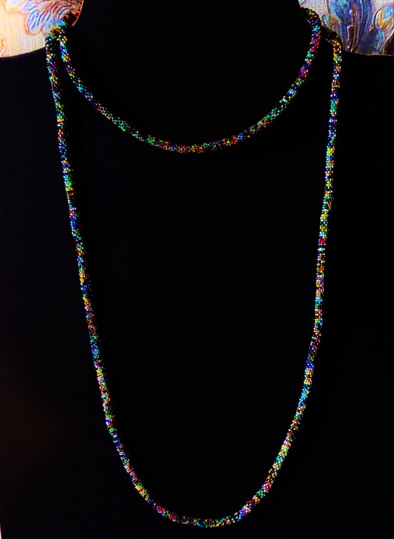 Long Bead Crochet Rope Necklace or Wrap Bracelet Colorful Multicolored Metallic Beaded Woman Jewelry Mothers Day Glass Glow Crystal