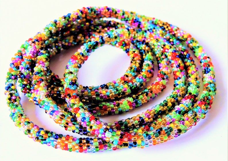 Long Bead Crochet Rope Necklace or Wrap Bracelet Colorful Multicolored Metallic Beaded Woman Jewelry Mothers Day Glass Glow Crystal