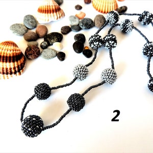 Black Hematite Silver Ball Necklace Seed Bead Peyote Stitch Pom Pom Necklace Beige Steel Color Seed Beaded Necklace Gift Idea 2-Hematite