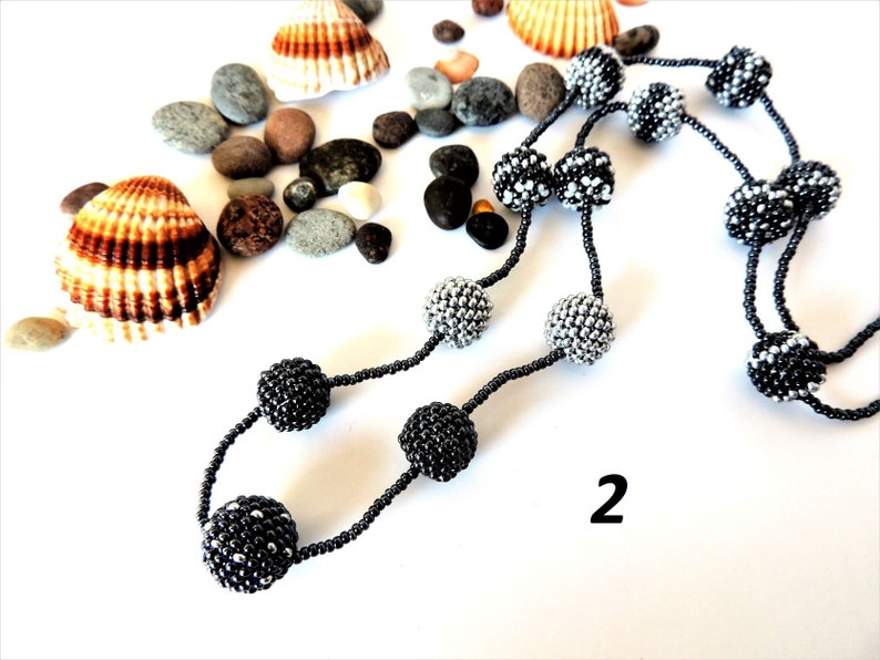 Black Hematite Silver Ball Necklace Seed Bead Peyote Stitch Pom Pom Necklace Beige Steel Color Seed Beaded Necklace Gift Idea 2-Hematite