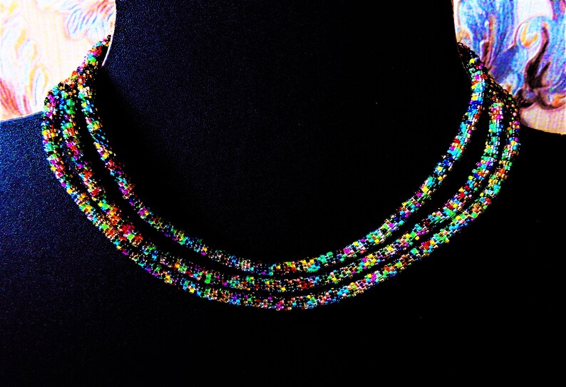 Long Bead Crochet Rope Necklace or Wrap Bracelet Colorful Multicolored Metallic Beaded Woman Jewelry Mothers Day Glass Glow Crystal