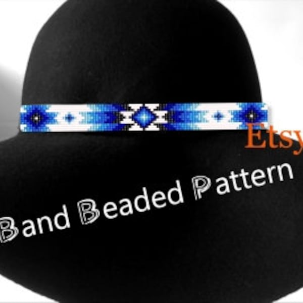 Hatband Beaded Loom Stitch Pattern No.141 - Blue Inspired Native American Colors Ornament - DIY Gift Band for Cowboy Western Hat Band Belt