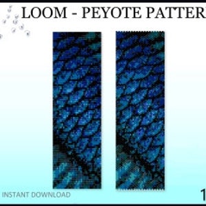 May include: A digital design titled LOOM - PEYOTE PATTERN featuring two identical rectangular strips with a blue and black scale-like texture. The image includes the text PDF INSTANT DOWNLOAD and the number 146 on a light blue gradient background.