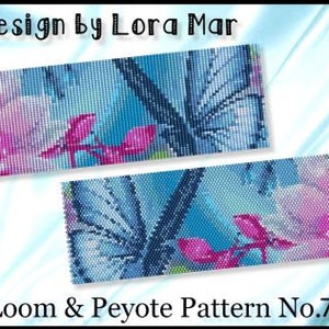 May include: Two rectangular beaded loom and peyote patterns featuring a blue butterfly and pink flowers. The text Design by Lora Mar and Loom & Peyote Pattern No.73 is printed on the image. The design uses a grid of small colored squares.