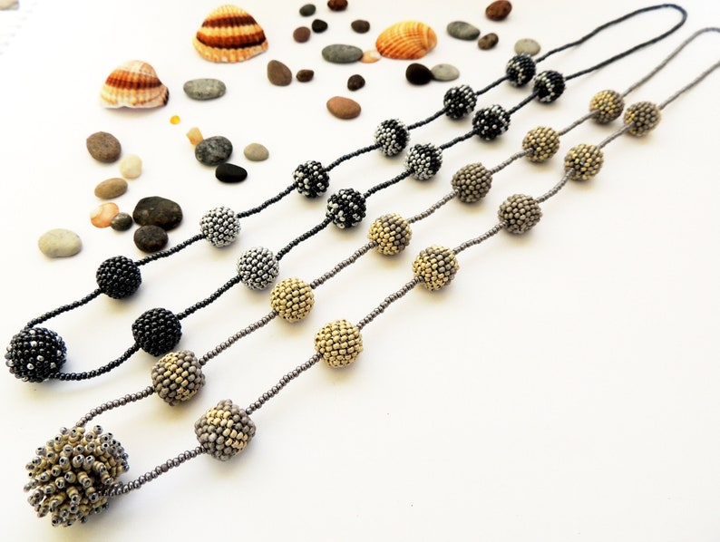 Black Hematite Silver Ball Necklace Seed Bead Peyote Stitch Pom Pom Necklace Beige Steel Color Seed Beaded Necklace Gift Idea image 2