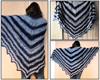 Hand Knitted Berry Triangle Shawl Wrap from Naturale Yarn - Knitting Wrap Handmade shawl - Gradient Long Large Scarf - Half Wool Soft Yarn