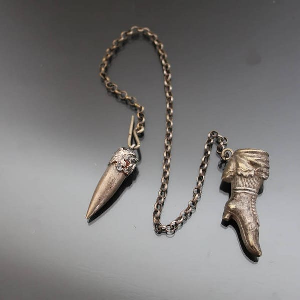 Victorian Lace Up Boot And Bullet Pendant. Silver Plated. Antique Shoe Needle Holder Bracelet