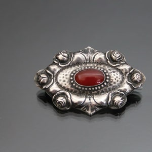 Antique Jugendstil Roses Carnelian Brooch. Floral. Repousse. Silver 800. Vintage Flowers.