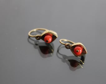 XS Edwardian Coral Childs Earrings. Yellow Gold Plated. Vintage Continental Jewelry