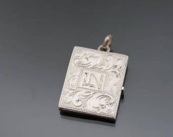 Victorian Book Locket. Engraved 900 Silver. Antique Keepsake Photo Pendant. Monogrammed LN, NL