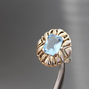 Art Deco 900 Silver Synthetic Aquamarine Gilded Ring. Vintage Blue Cocktail. Something Old
