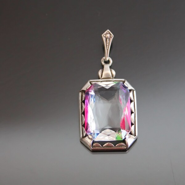 Vintage Iris Rainbow Glass 835 Silver Pendant.  Art Deco.