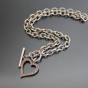 Vintage Toggle rhinestone Heart Chain Necklace, 925 Sterling Silver.