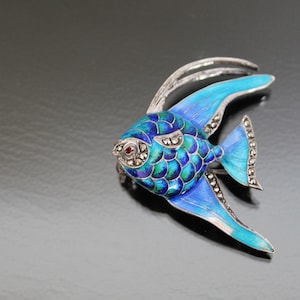 Enamel Marcasite Brooch. Colorful Fish, 925 Sterling Silver Germany in Alice Caviness Style. Angelfish, Scalare.