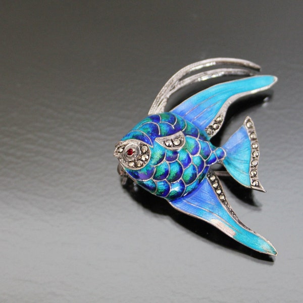 Enamel Marcasite Brooch. Colorful Fish, 835 Silver Germany in Alice Caviness Style. Angelfish, Scalare.