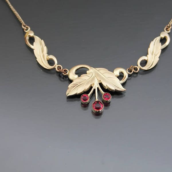 Art Nouveau Synthetic Ruby Floral Necklace. Yellow Gold Plated Antique Costume Jewelry