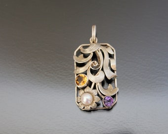 Art Deco Openwork Multistone Pendant. 900 Silver.  Floral Design. Vintage perl, Amethyst, Topaz.