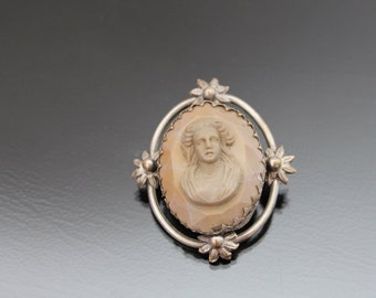 Ancienne Broche Avec Camé En Pierre De Lave - Bijou Vintage Occasion En Bon état