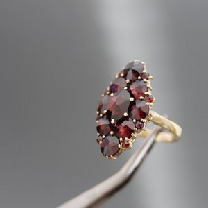 Vintage Bohemian Garnet Marquise Cocktail Ring. Cluster, 800 Silver, Yellow Gold Gilt.  Size 6 1/2