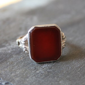 Art Deco zegelring. Rode Agaat, 835 zilver, Fob-ring. Vintage afbeelding 7