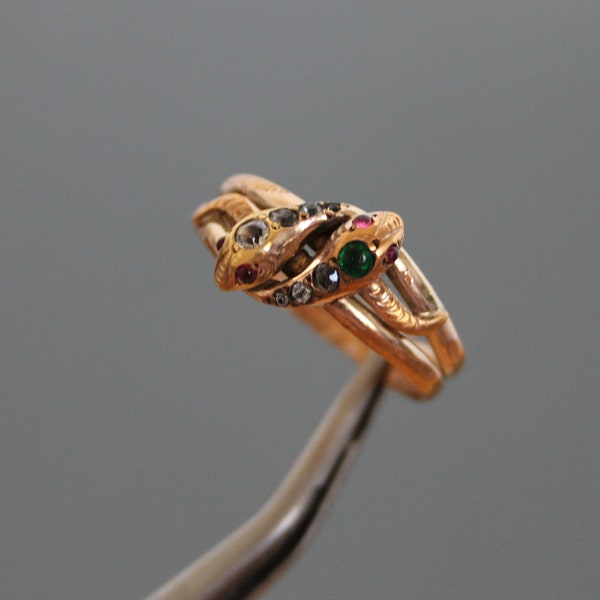 Art Nouveau Lovers Snakes, Paste, Rose Gold Plated Ring. Antique Serpent