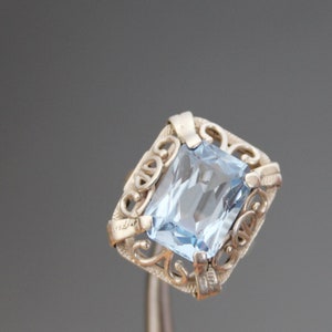Art Deco 835 Silver Synthetic Aquamarine Ring. Vintage Blue Cocktail. Something Old