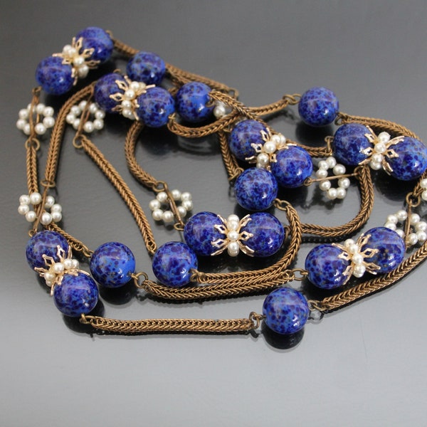 Lapis Glass Infinity Necklace. Czech Art Deco Gablonz Vintage Jewelry.