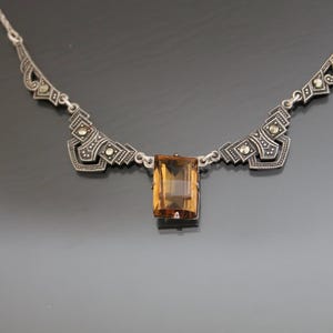 Art Deco Rose Flowers Marcasite Topaz 835 Silver Necklace. 1930&#39;s Vintage Geometric