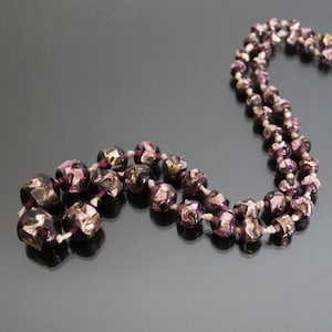 Vintage Czech Silver Foiled Art Glass Beaded Necklace, Purple.