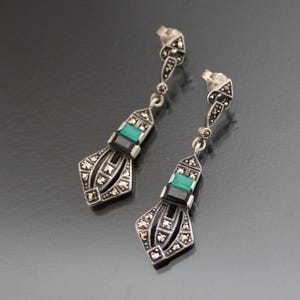 Réplica. Brincos Art Déco Dangle Esmeralda, Ônix. Prata 925 Esterlina. Joias Vintage Continental