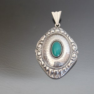 Antique Jugendstil Floral Pendant. 800 SiIver Repousse. Green Agate, Vintage Arts And Crafts.