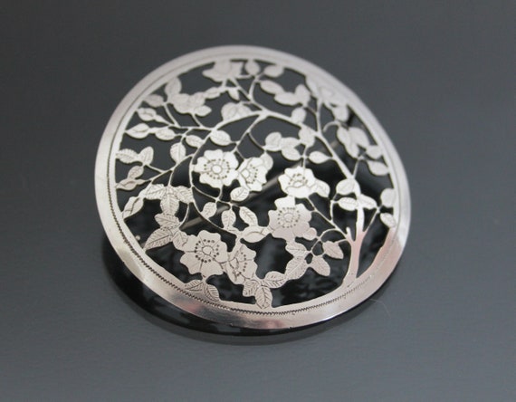 Art Deco Wild Roses Brooch. Floral Silver 800. Vi… - image 3