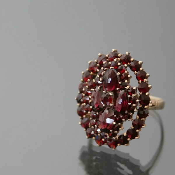 Vintage Bohemian Garnet Cocktail Ring. 900 Silver, Yellow Gold Gilt Cluster. Size 9