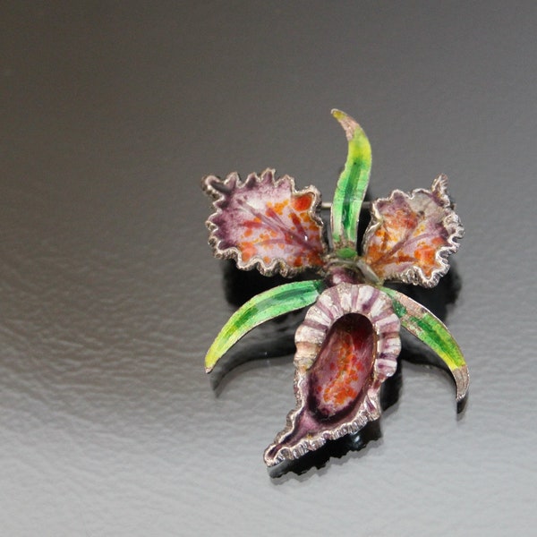 Vintage Enamel Marcasite Brooch. Orchid FLower.  800 Silver, Germany in Alice Caviness Style.