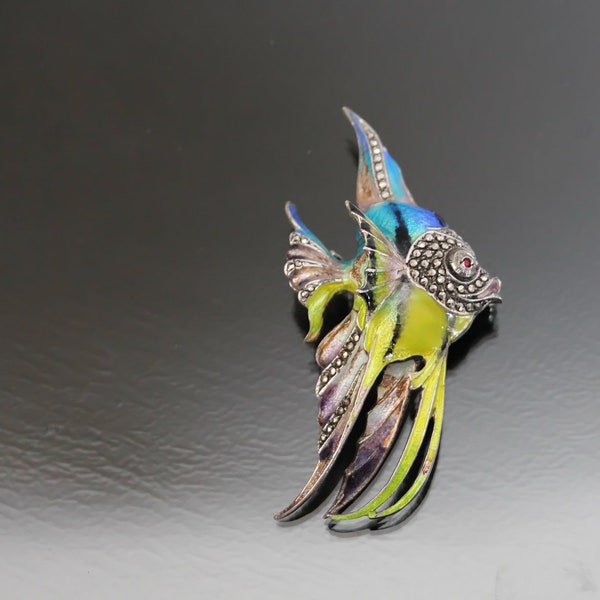 Vintage Enamel Marcasite Brooch. Exotic Fish  835 Silver Germany in Alice Caviness Style.