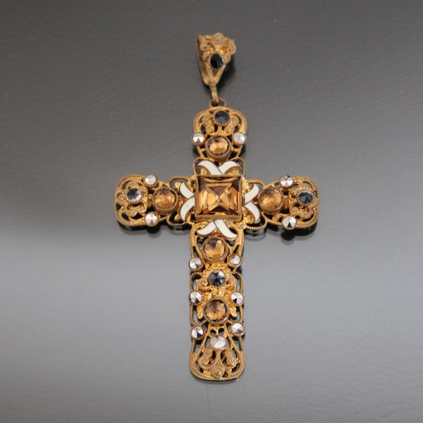 Art Deco Bohemian Glass Cross Peandant. Smoky Quartz, Enamel. Brass Gablonz Vintage Costume Jewelry