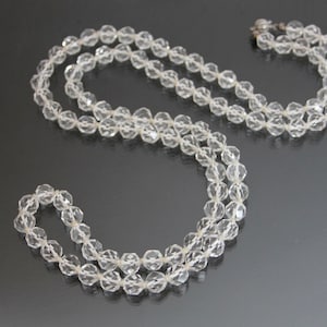 74g, Faceted, Rock Crystal Quartz Beaded, Knotted Necklace 925 Sterling Silver, Vintage, 50's