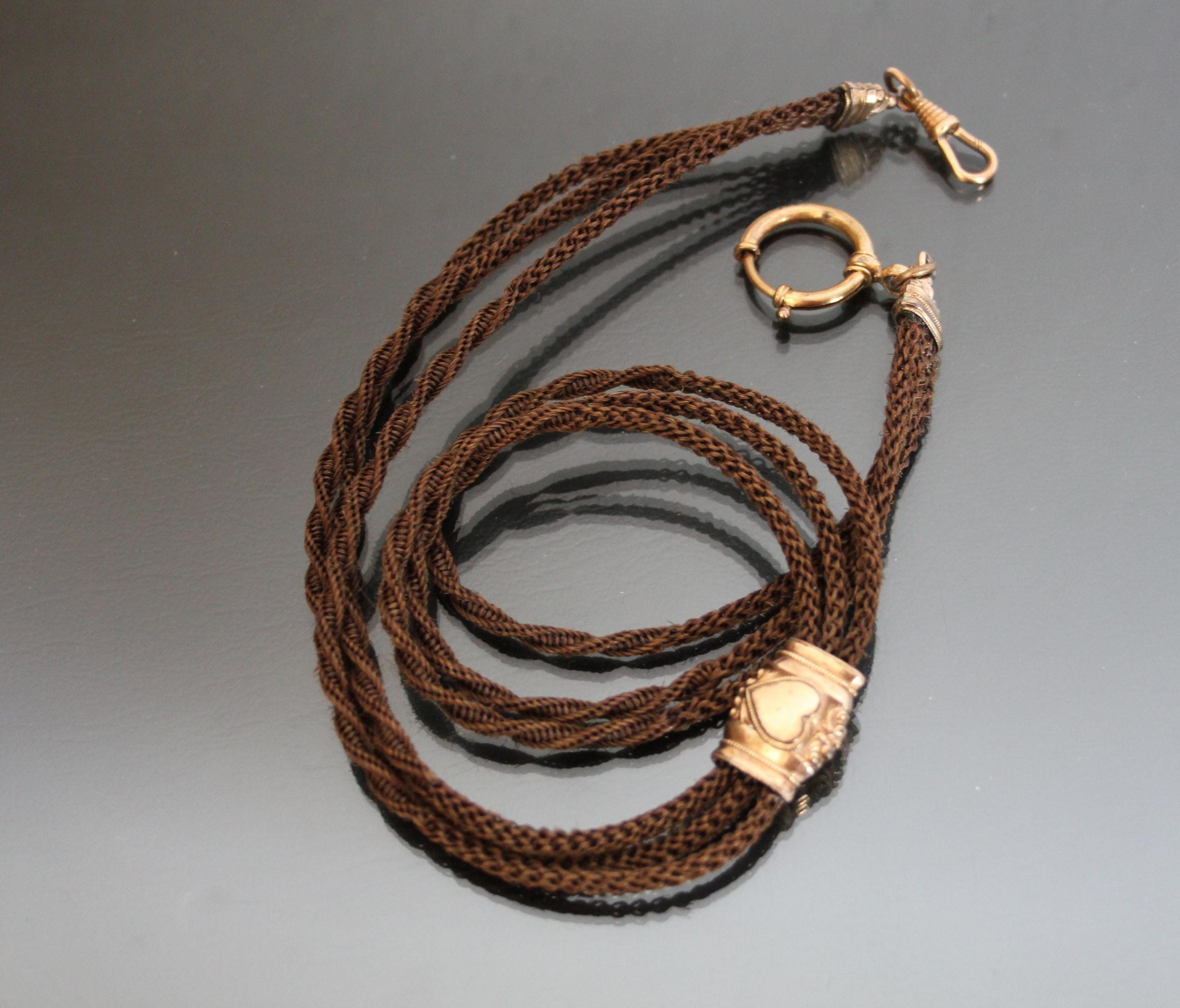 No.353 アンティーク　チェコ　チャーム　2ペア Victorian Human Woven Hair Watch Chain. Antique Mourning Hairwork