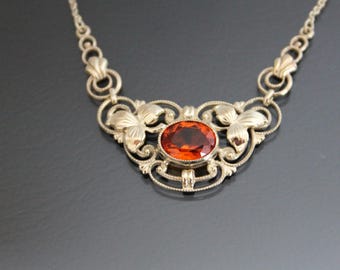 Edwardian Necklace, Orange Citrine. Yellow Gold Plated. Antique Art Nouveau