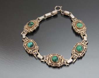 Edwardian Filigree Turquoise 800 Silver Gilt Panel Link Bracelet. Vintage Evening Jewelry