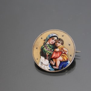 Antique 800 Silver Mother Mary Enamel Brooch. Art Nouveau Madonna. Vintage Catholic