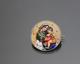 Plaque émaillée Encadrée Ancienne – Motif Vierge à L'enfant, Déco Vintage