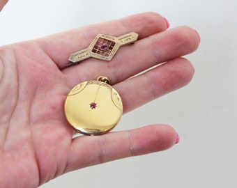 Broche Antique Plaqué Or Art Nouveau Avec Rubis Et Perle - Époque Édouardienne, Occasion En Très Bel état